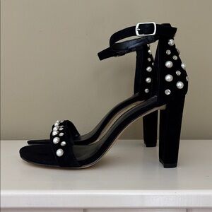 WHBM Mylah Black Suede Embellished Ankle Strap High Heel Sandals